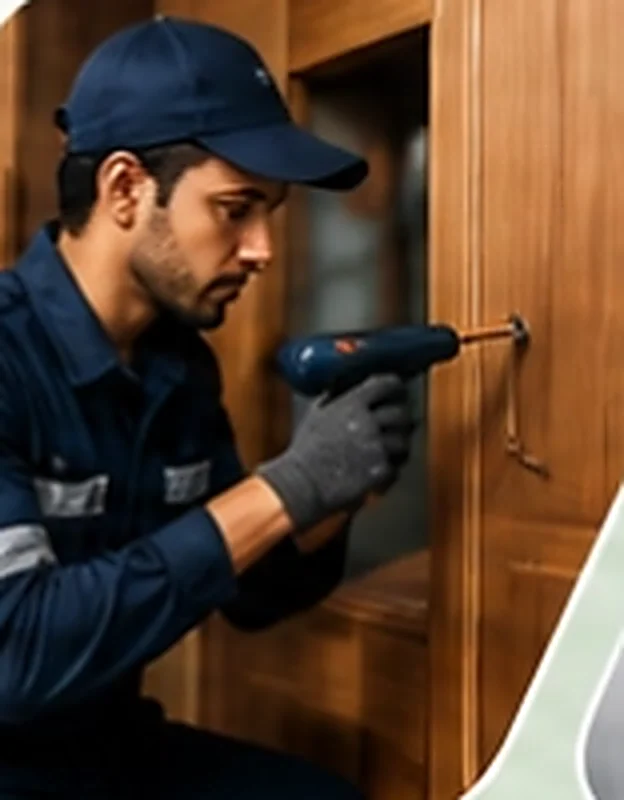 TMC carpenter using a cordless drill to refit hardware on a wooden cabinet door