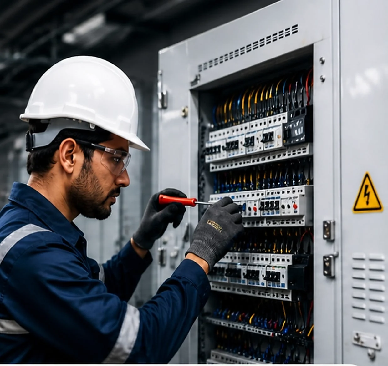 A TMC electrician in helmet and safety glasses servicing circuit breakers inside an LT distribution panel